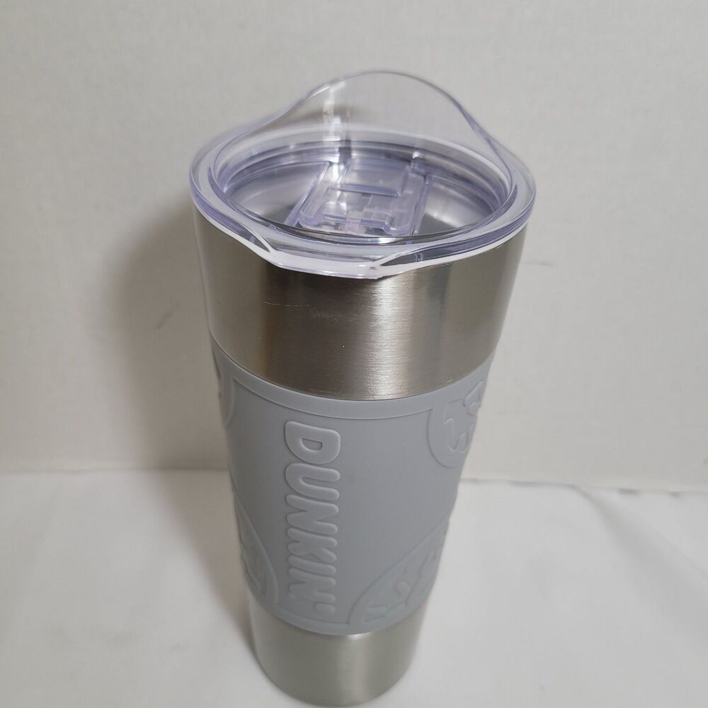 Dunkin Donuts 20oz Stainless Steel Travel Tumbler Gray Silicone Grip 2020